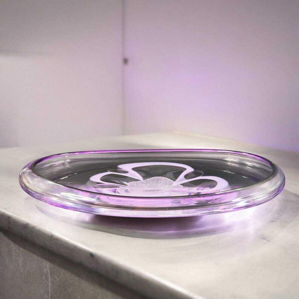 2001 FIC SIGNED Art Glass Centerpiece Bowl Dish Transparent Purple Bullicante
